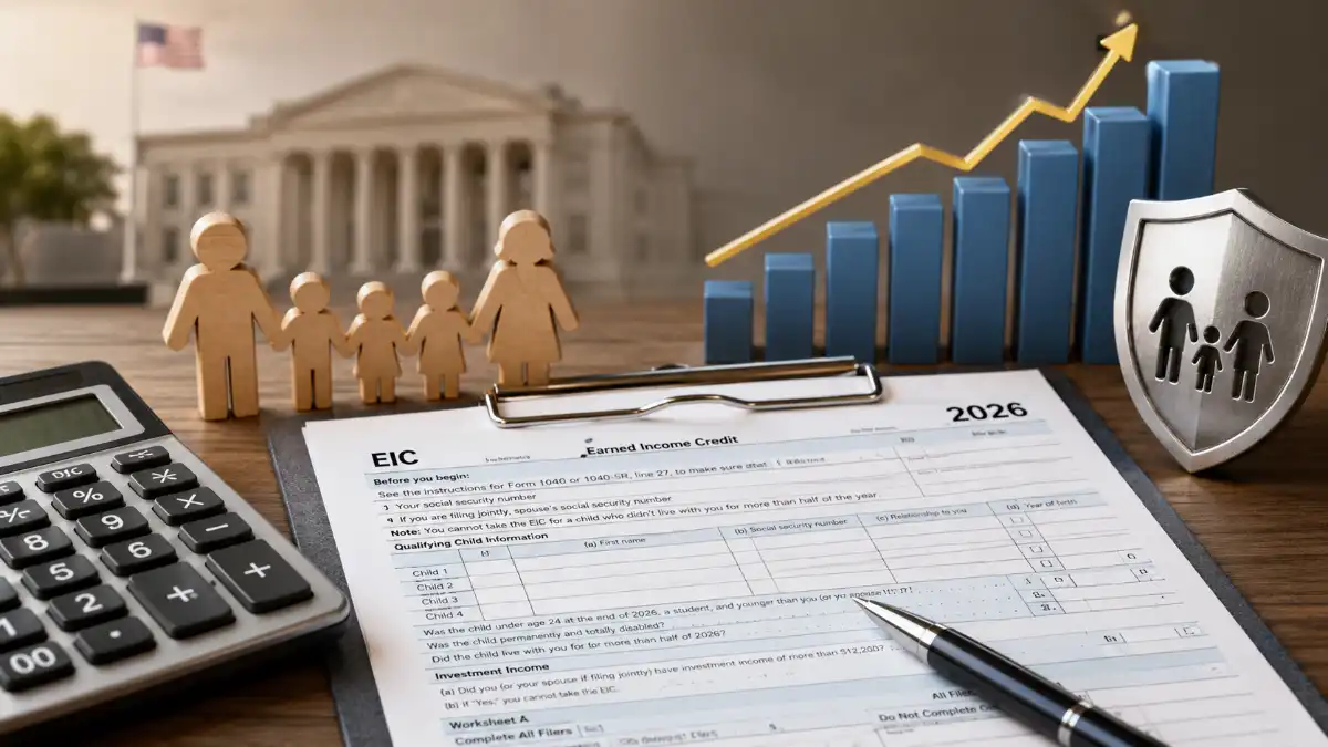 IRS Schedule EIC form for 2026 showing Earned Income Tax Credit maximum amounts from $664 with no qualifying children to $8,231 with three or more qualifying children with phase-out income thresholds