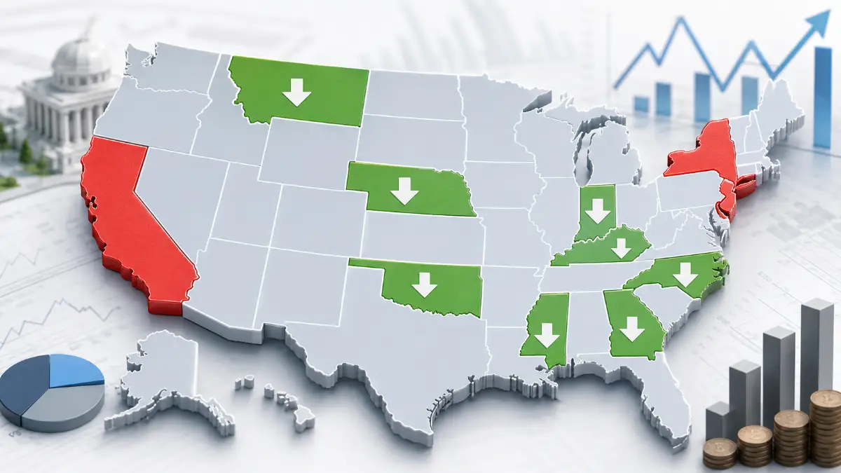 US map highlighting 2026 state income tax rate cuts in Ohio, North Carolina, Kentucky, Nebraska, Indiana, Mississippi, Georgia, Montana, and Oklahoma compared to stable high-tax states California and New York