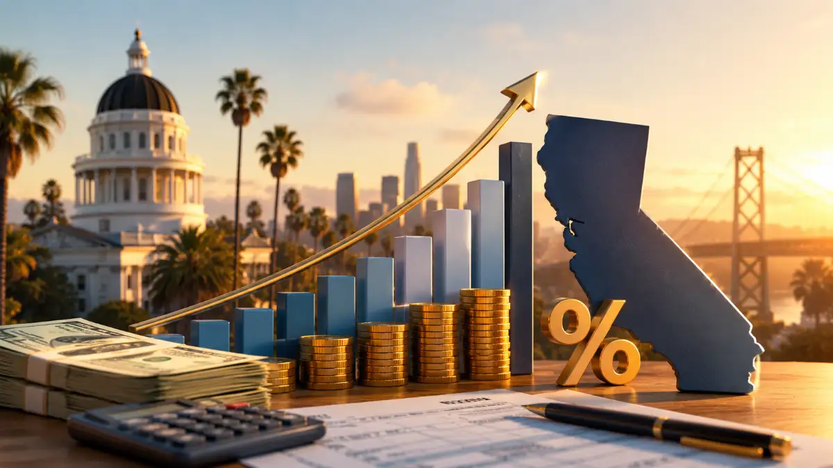 California Franchise Tax Board income tax bracket chart for 2026 showing nine rates from 1% to 13.3% for single filers with 1% Behavioral Health Services Tax surcharge on income over $1 million