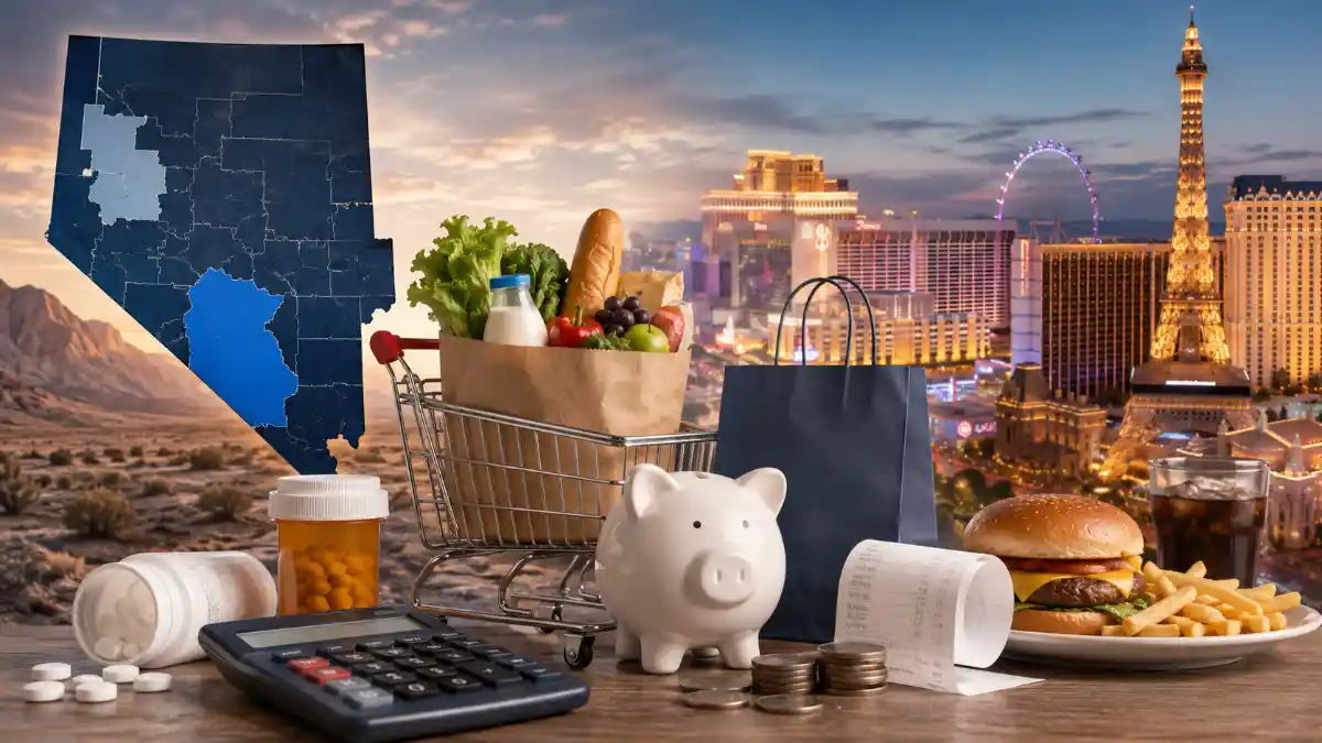 Nevada sales tax rate map showing 6.85% state base rate with Clark County Las Vegas combined rate of 8.375% and Washoe County Reno rate of 8.265% and grocery exemption noted