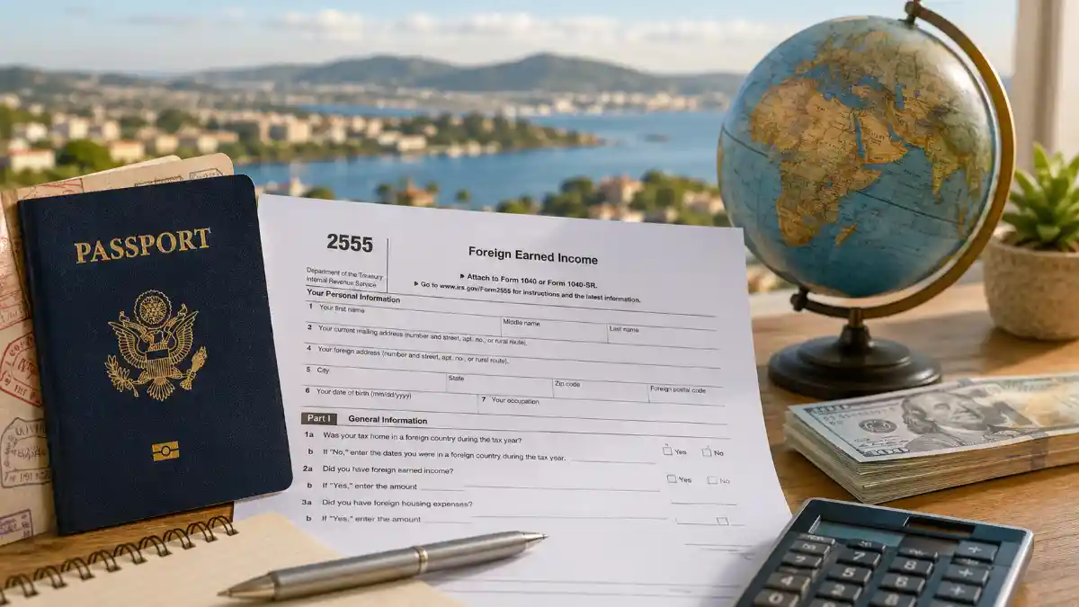 US passport and IRS Form 2555 Foreign Earned Income Exclusion showing $132,900 limit for 2026 and $130,000 for 2025 for American expats living abroad