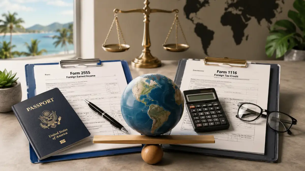 US passport and tax forms showing FEIE Form 2555 and Foreign Tax Credit Form 1116 side by side for American expats filing in 2026