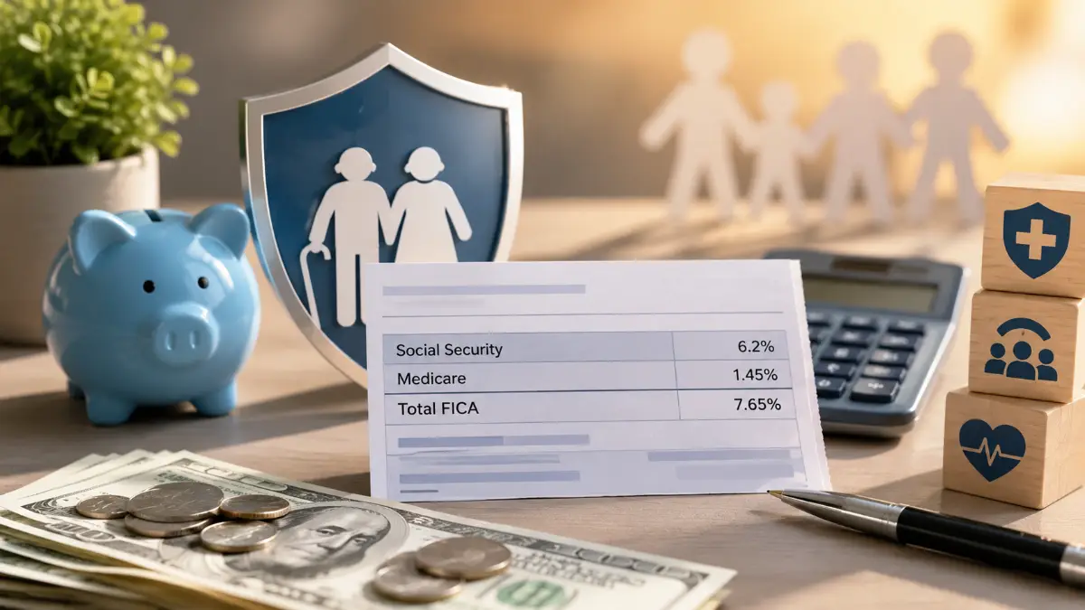 Pay stub showing FICA tax breakdown with 6.2% Social Security and 1.45% Medicare withholding for 2026 with Social Security wage base of $184,500 and employer match explanation