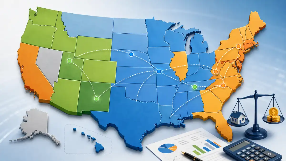 US map showing 2026 state income tax structures including nine states with no income tax, fifteen flat-rate states, and graduated bracket states with reciprocity agreement corridors highlighted