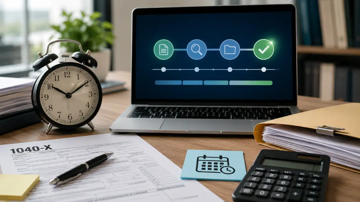IRS Form 1040-X amended tax return with Where's My Amended Return tracker on a laptop screen showing 16-week processing timeline for 2026 tax year refund