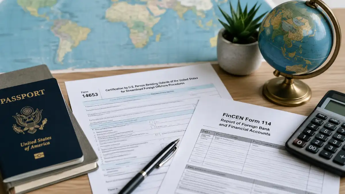 US passport and IRS forms showing Streamlined Foreign Offshore Procedures Form 14653 and FinCEN 114 FBAR for American expats catching up on missed tax filings in 2026