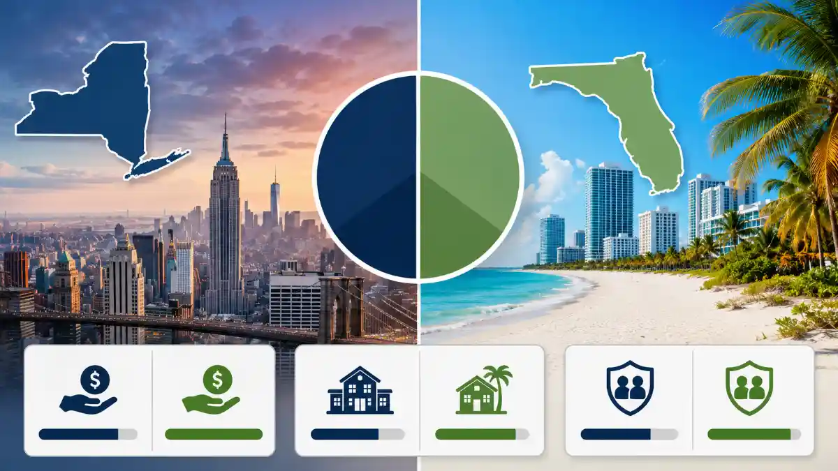 Side-by-side comparison chart of New York versus Florida income tax rates in 2026 showing New York City combined 14.776% state and local rate versus Florida 0% with take-home pay savings at multiple income levels
