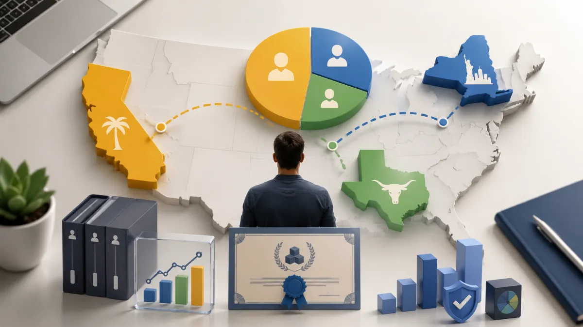 Diagram showing RSU multi-state tax allocation using the workday fraction method across California, New York, and Texas for a tech employee who moved states during the grant-to-vest period