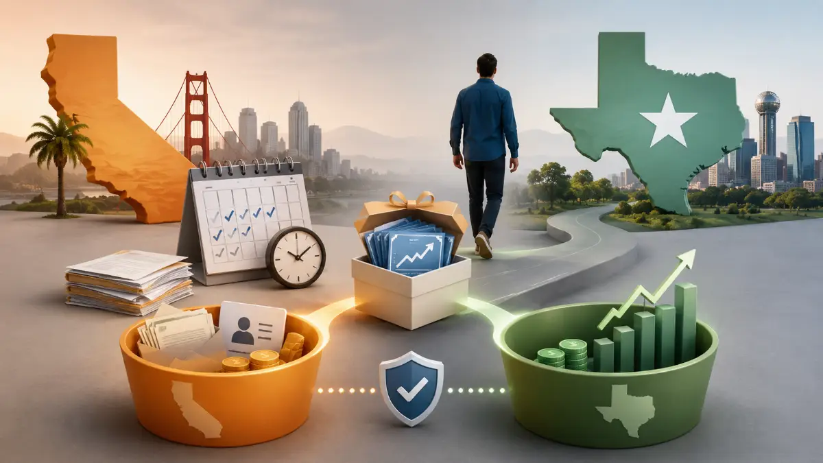 Diagram showing the two-bucket RSU tax framework splitting W-2 income sourced to California by workday fraction from capital gains sourced to Texas at the time of sale after relocation