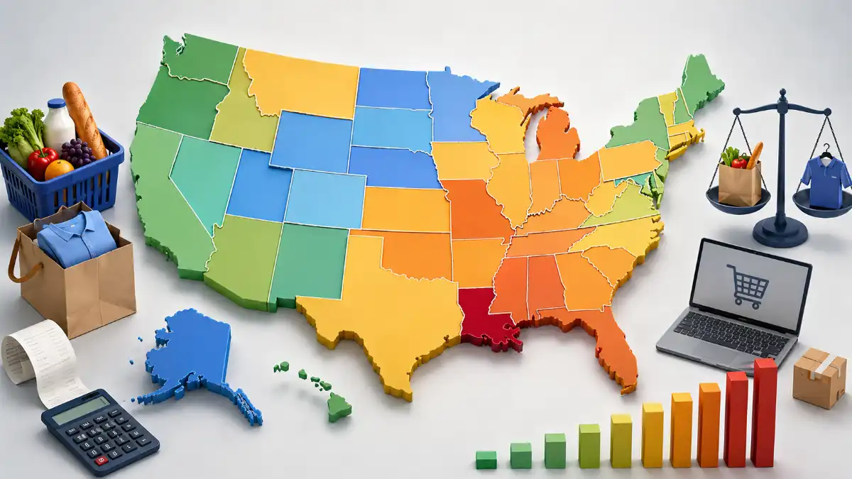 US map showing 2026 combined state and local sales tax rates ranging from 0% in Oregon and Delaware to over 10% in Louisiana with grocery and clothing exemption categories highlighted