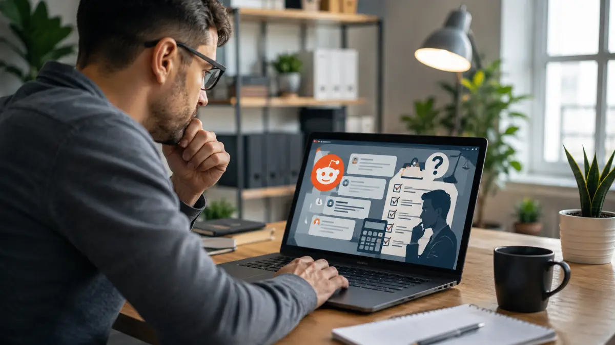 Small business owner reviewing sales tax nexus thresholds and Reddit questions on a laptop, 2026 guide