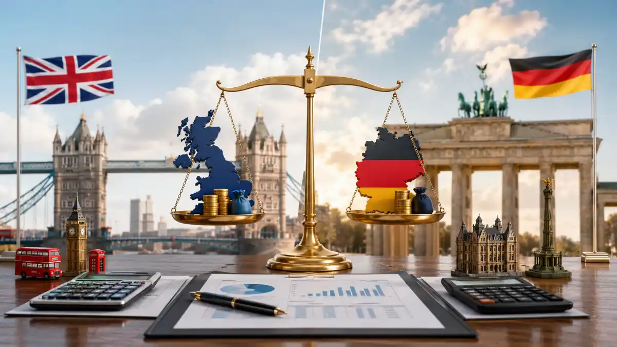 Side-by-side comparison chart of UK versus Germany income tax rates in 2026 showing UK personal allowance £12,570 and basic rate 20% versus Germany Grundfreibetrag €12,348 and progressive formula from 14% to 42% with take-home pay at multiple income level