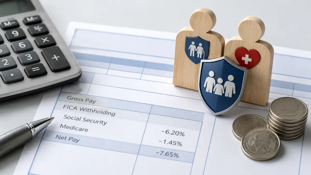 Pay stub showing FICA withholding breakdown for Social Security at 6.2% and Medicare at 1.45% with 2025 wage base of $176,100 and 2026 wage base of $184,500 for US employees